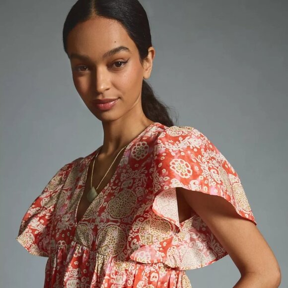 Maeve by Anthropologie 100% Cotton Printed Flutter Sleeve Babydoll Dress Size XS - Picture 5 of 13